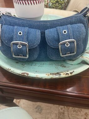 Coach Blue Denim Mini Shoulder Bag with Silver Buckles